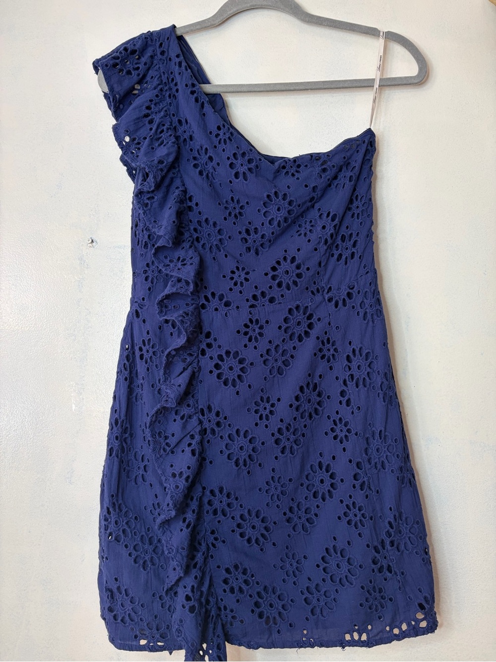 Lovers + Friends one shoulder cotton dress blue date wedding
